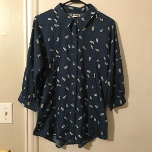 Feather-Print 3/4 Sleeve Snap Button-Down
